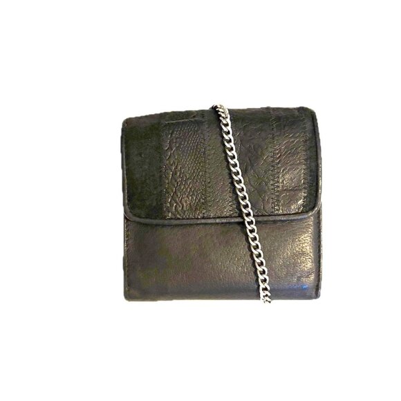 Mini Crossbody 4.5" Clutch Wallet Black Leather Silver Chain Strap Vintage - Picture 2 of 7